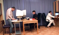 Busty blonde slut is getting Creamed On Glasses by coworkers