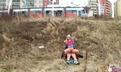 Outdoor public sex at railway station with a bitchy blondie