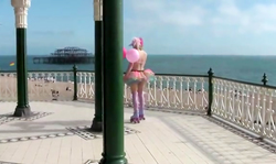 Blonde with nice face swallows fresh jizz outdoors