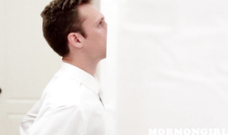 Awesome Mormon brunette performs a deep blowjob in white room