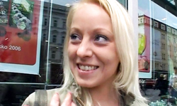 Shy blonde with innocent eyes is rimming two men down on the knees