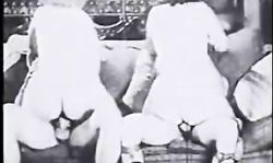 Retro orgy action with two cock-riding brunettes
