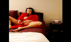 Brunette girlfriend in red robe strokes her wide-opened cunt