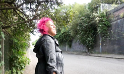 Fat British lady in black stockings strokes her muff