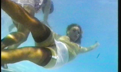 Three awesome babes in stockings are posing underwater