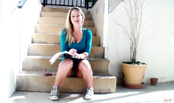 Angelic 18yo cutie in blue dress is sitting on stairs in a hot way