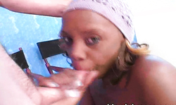 Busty ebony gives her first interracial blowjob in close-up