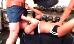 Two muscled trainers fuck a lustful bodybuilder MILF