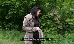 Brunette showing her big boobies for Public Agent outdoors on cam