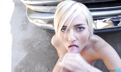 Slutty small-tit blonde blowing driver's dick at the roadside