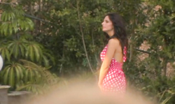 Elegant Catalina Cruz takes off her dress on the poolside