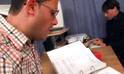 Sex-addicted busty secretary and office clerks in a hot gangbang