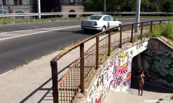 Punished babe Black Yasmin walks nude under the bridge