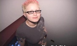 Impressive white whore is sucking hard dicks in Gloryhole