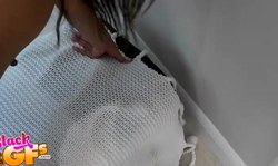 Sexy ebony Jayla Foxx shows her nice-looking ass with a smile on it