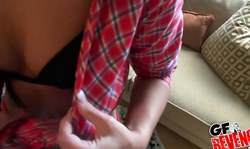 Exotic brunette in red outfit Kelly Diamond gives a sweet blowjob