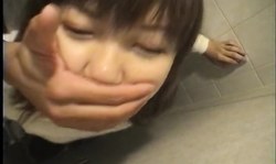 Dark-haired Asian babe gives her lover a blowjob in the toilet