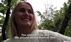 Cute blonde Aisha gives a sensual blowjob in the forest